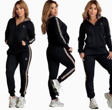 Women's Tracksuit Set Zip-Up Jacket Pants Black White Hooded Elastic Waist