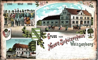 LITHO GRUSS AUS WEISSENBERG BAUTZEN NEUES SCHÜTZENHAUS 3 BILD COL. 1902 SACHSEN
