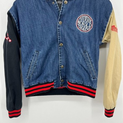 Stussy World Tribe Denim Varsity Jacket Women's Size XS Blue