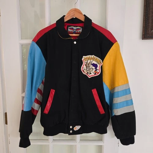 90s VTG JEFF HAMILTON Road Runner Wile E. Coyote Leather Varsity Jacket Men M - product listing photo