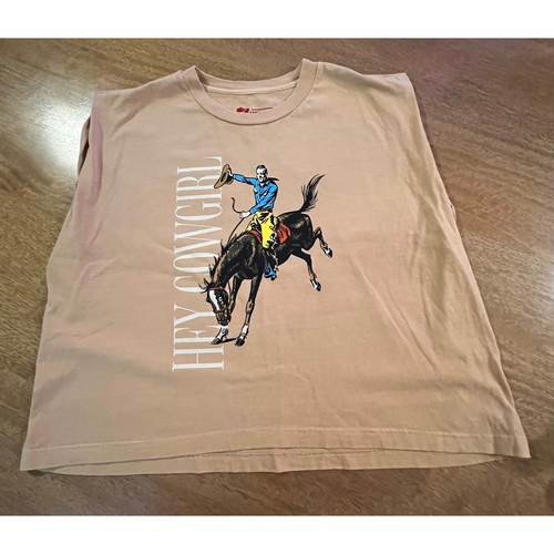 Howdy Hanny Hey Cowgirl Graphic Muscle Tee Tan Western Sleeveless Shirt XL