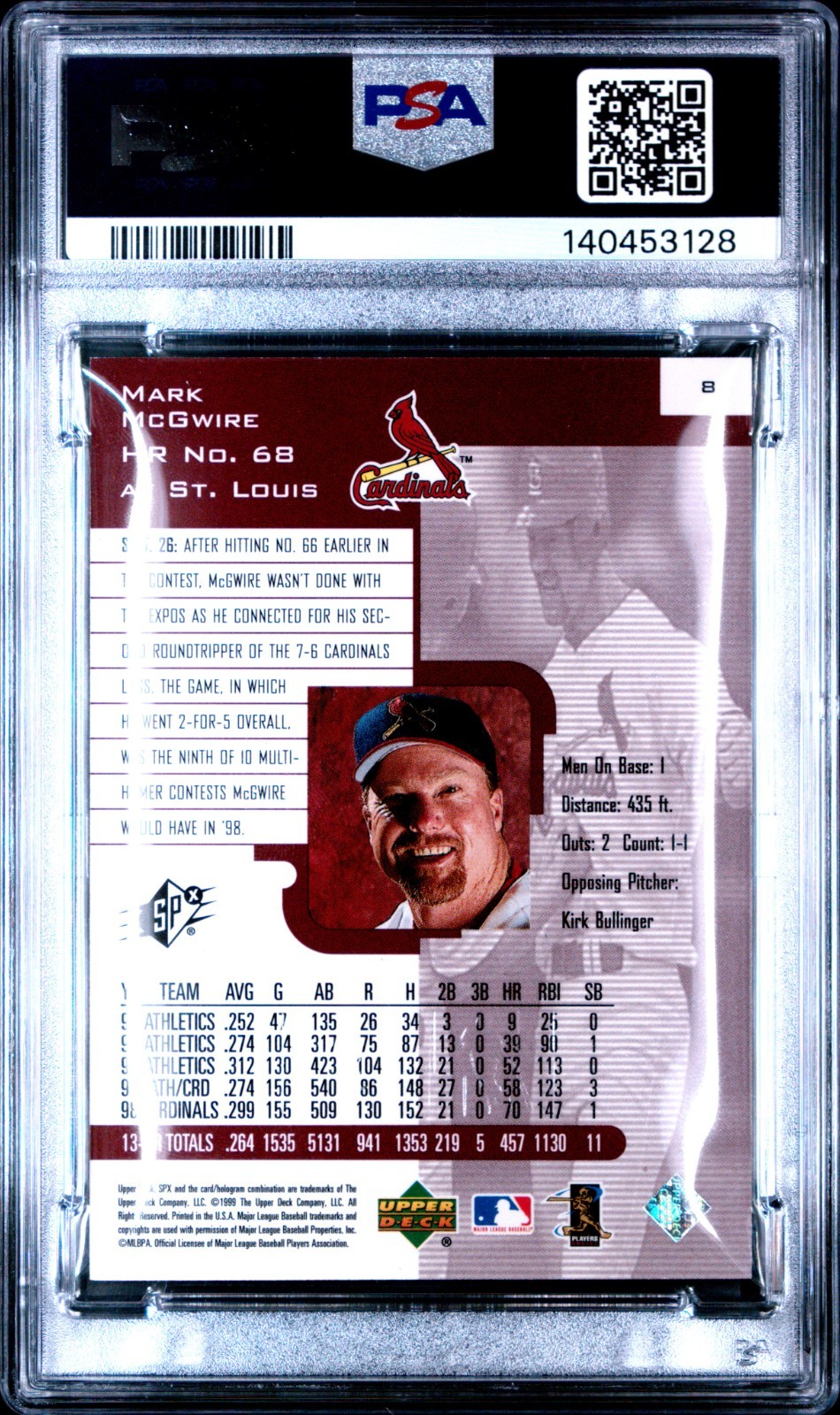 1/1 MARK MCGWIRE PSA 8 1999 UD SPX #8 HOME RUN #68 SPECTRUM 1/1 CARDINALS view 2