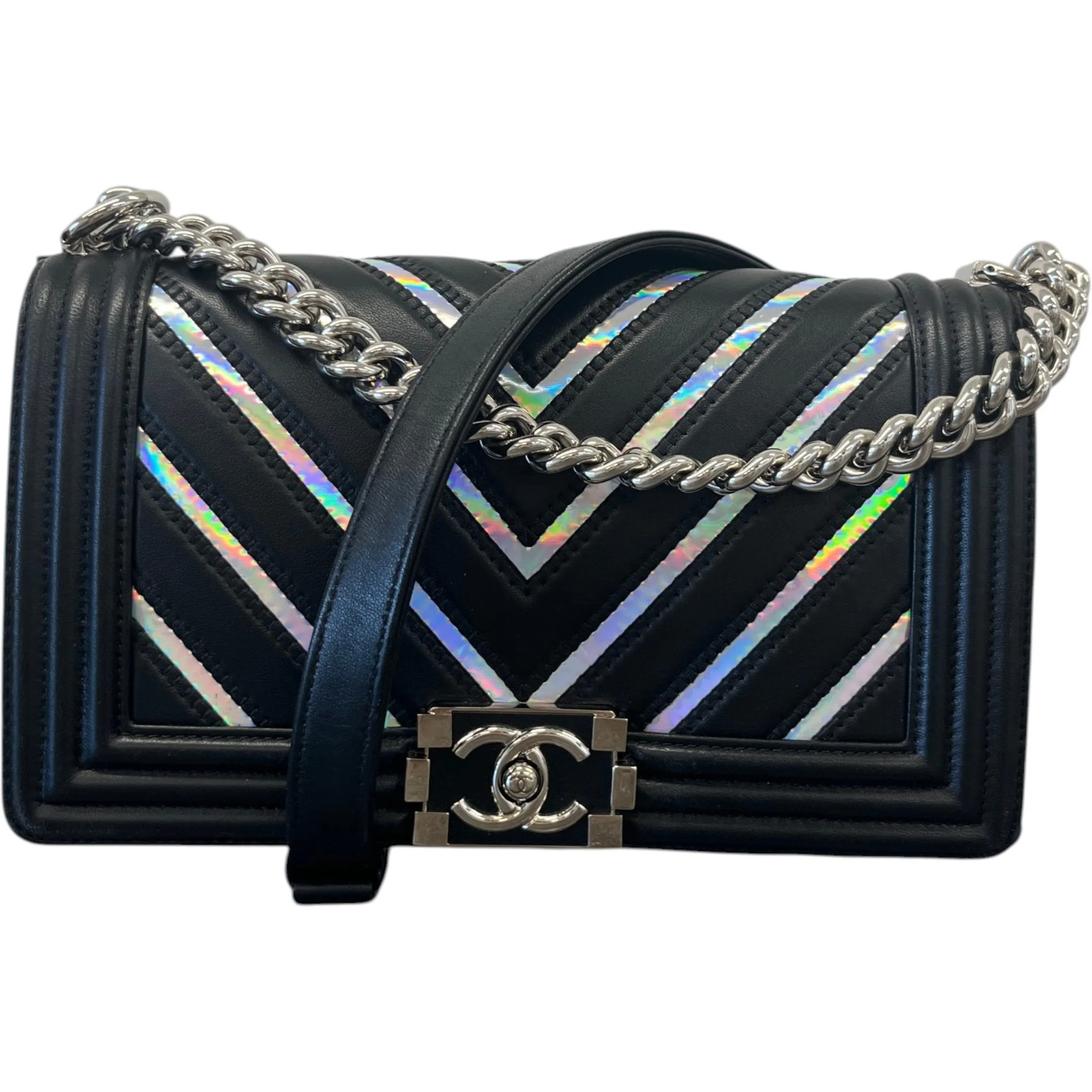 Chanel Women's Boy Chevron Lambskin Holographic Handbag Black