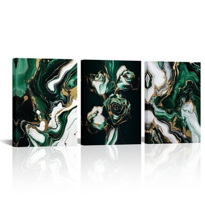Emerald Green and Gold Wall Art 3 Piece Abstract Marble and Rose Canvas Print...