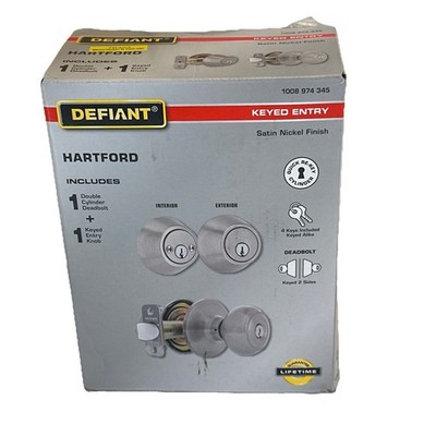 Defiant Hartford Satin Nickel Keyed Entry Door Knob & Double Cylinder Deadbolt