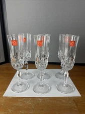 SET OF 6 RCR~ROYAL CRYSTAL ROCK CUT CRYSTAL 'OPERA' CHAMPAGNE FLUTES UNUSED