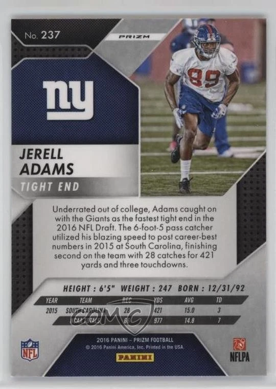 2016 Panini Prizm Rookie Red Prizm Jerell Adams #237 Rookie RC - Image 2 of 2