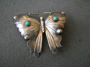 MEX Southwestern Style Turquoise 3-D Butterfly Sterling Silver Pin Brooch by FM