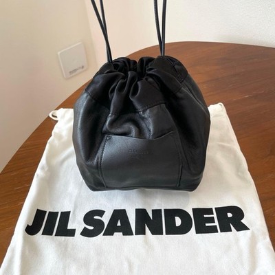 JIL SANDER Drawstring Bag Black Leather Minimalist Shoulder Tote Luxury Rare JPN