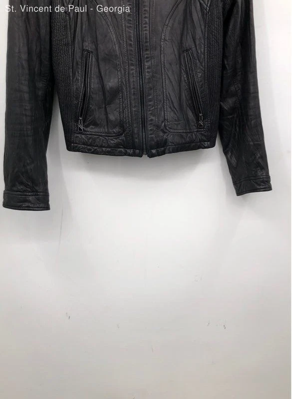 Chaqueta corta Steve Madden para mujer mediana negra cuero suave motociclista lema bombardero Foto 2 de 4