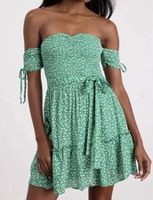 Lulus NWT Sweetest Feelings Green Floral Off The Shoulder Mini Dress, Medium