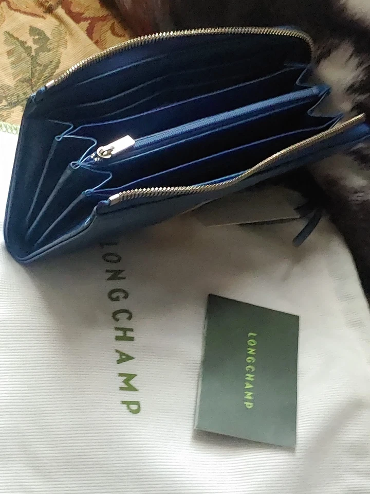 Cartera de cuero genuina Longchamp con cremallera en cuarto de cuarto azul zafiro tostado rojo a rayas nueva Foto 4 de 4