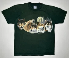 Vintage Quadra Island BC Wolves Nature AOP Print T-Shirt 90’s Green | L