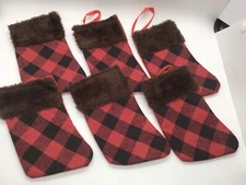 Lot of 6 Mini Red & Black Buffalo Plaid Christmas Stockings Brown Fur Trim 6”