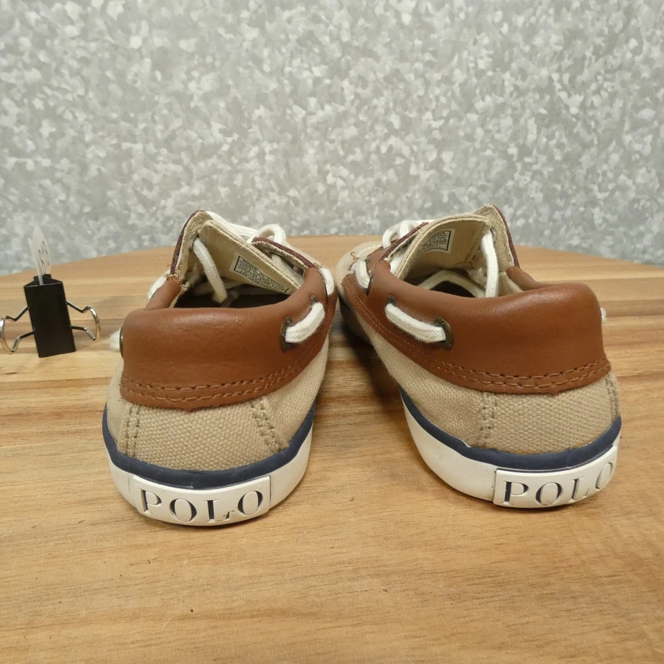 Polo Ralph Lauren Mocasín Niños 11.5 Lona Tostada Cuero Marrón Zapato Barco Foto 4 de 4