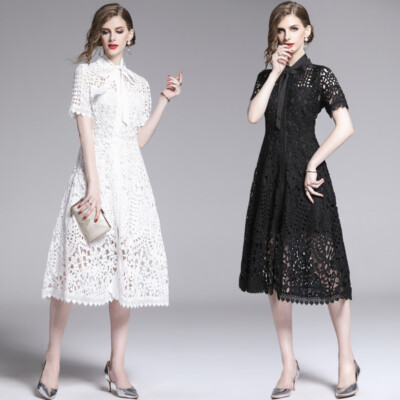 ebay knee length dresses Women Elegant French Vintage Hollow Fashoin A Line Knee Length Dress Summer  New
