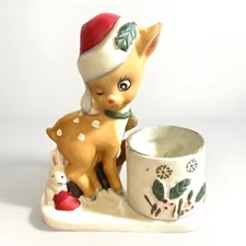 VTG 1978 LITTLE REINDEER Bisque Porcelain CANDLE HOLDER w/box Jasco Hand Painted