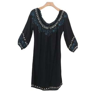 Lucky Brand Shift Dress Womens Small Black 3/4 Sleeve Embroidered Bohemian  | eBay
