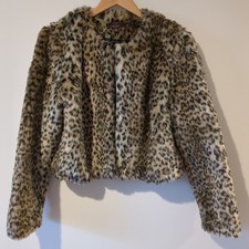 Nwt Fever Camel Cheetah Print Faux Fur Cropped Open Jacket Size M