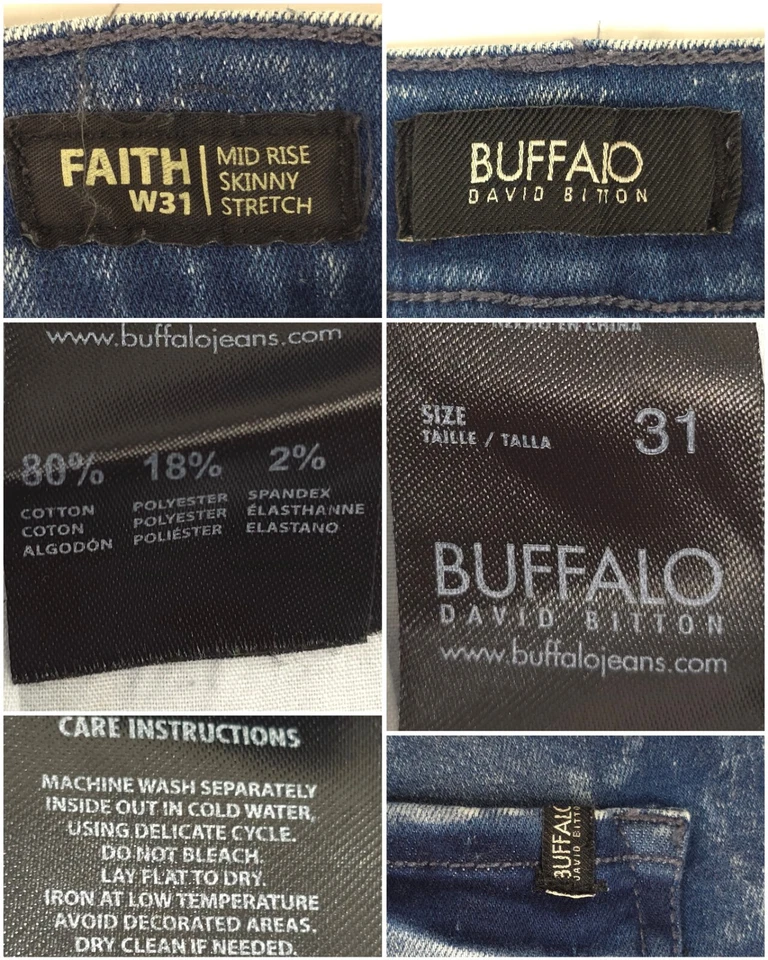 JEAN AJUSTADO BUFFALO DAVID BITTON FE PARA MUJER TALLA 31 TIRO MEDIO ELÁSTICO DESGASTADO Foto 3 de 4