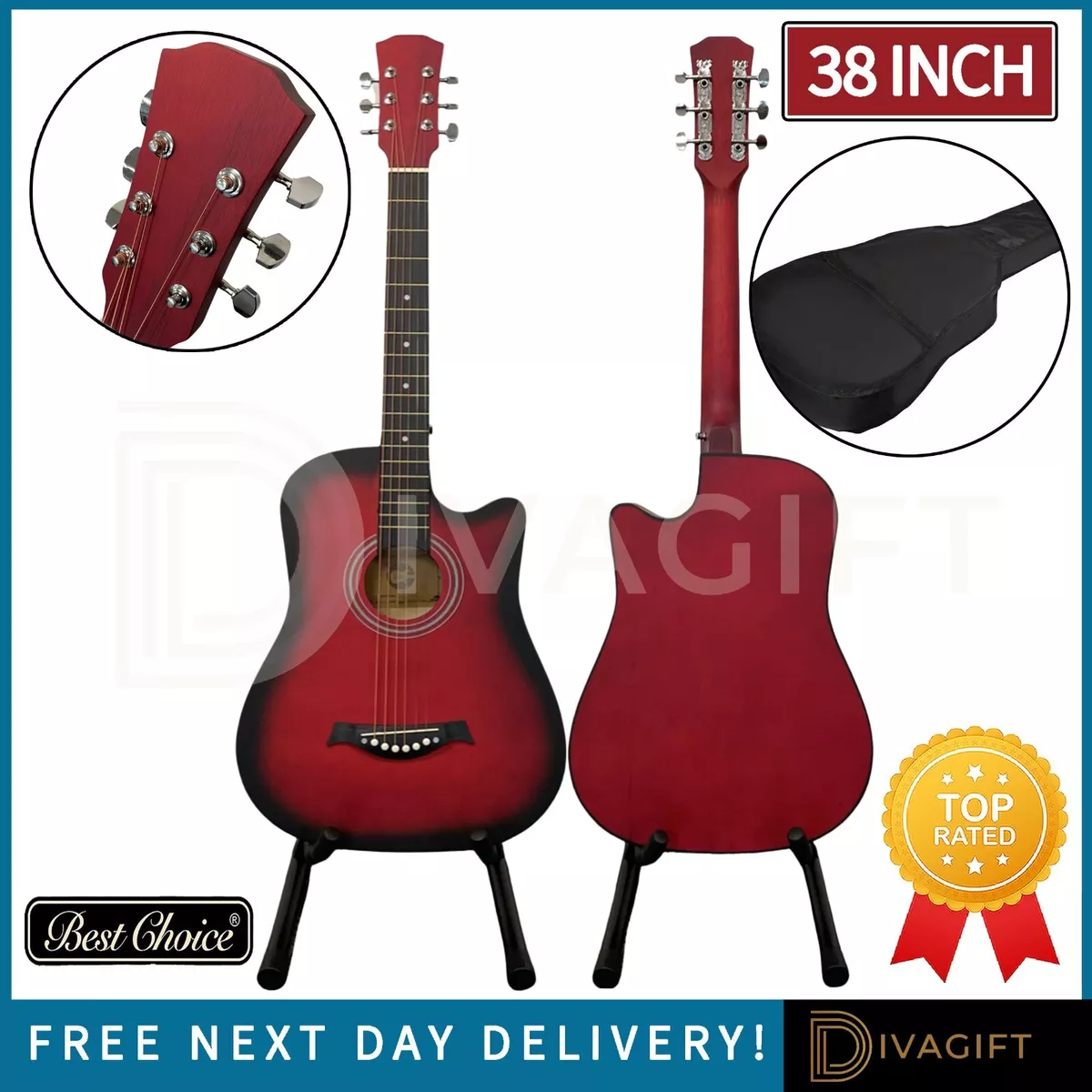 38 INCH ADULT SIZE RED ACOUSTIC GUITAR CUTAWAY HARDWOOD FINISH