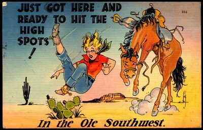Postcard TX El Paso Texas Woman Bucking Bronco Cactus Humor Tichnor 1946 A9