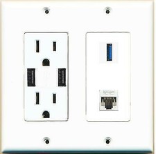 1 Port USB 3.0 A-A CAT5E Ethernet Wall Plate 2 USB Charger Power Outlet