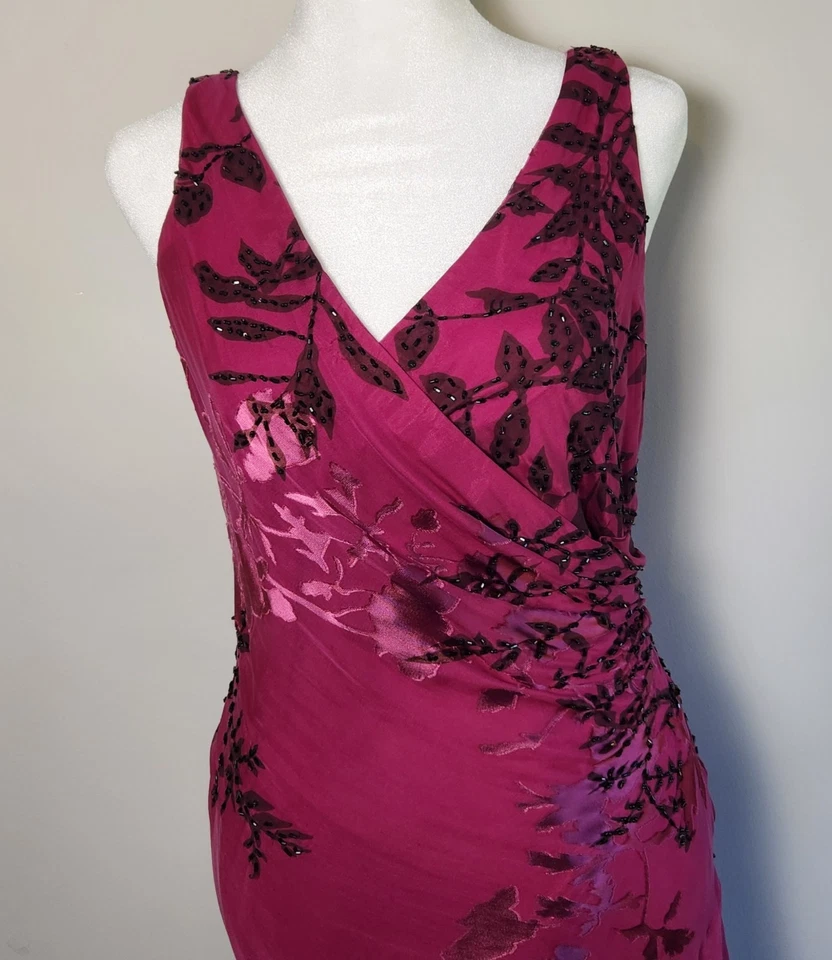 Платье Alex Evenings женское размер 6 розовое фуксия черное шелковая смесь бисер цветочный узор - Изображение 2 из 4