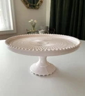 Vintage Jeanette Shell Pink Milk Glass CAKE STAND Pedestal Plate Beaded Edge 10"