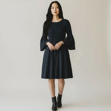 M. Patmos Stella Dress Women's Sz S Navy Cotton Smocked Bell Sleeve Boho Chic