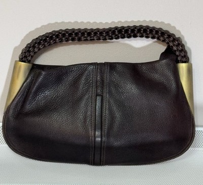 Tentazione Duo Brown Pebbled Leather Shoulder Bag Purse Woven Cord Handle Italy