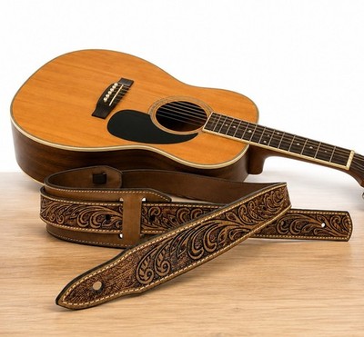 Floral Full Grain Leather Guitar Strap, Handmade Tooled Western Strap