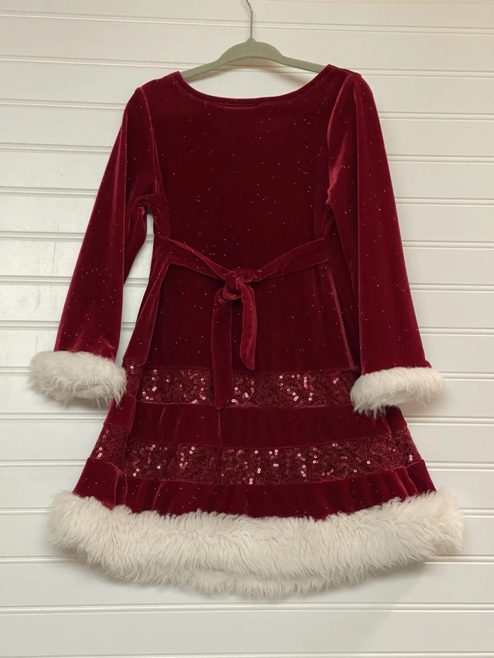 Bonnie Jean Girls Red Mrs Claus Sparkle Velvet Dress Jeweled Bow Faux Fur Sz 4T - Image 2 of 4