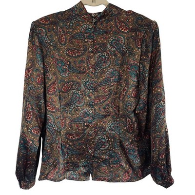 QUEENIE Women's Silk LS Mock Neck Paisley Blouse 80s Indie Boho Dressy Luxury LG