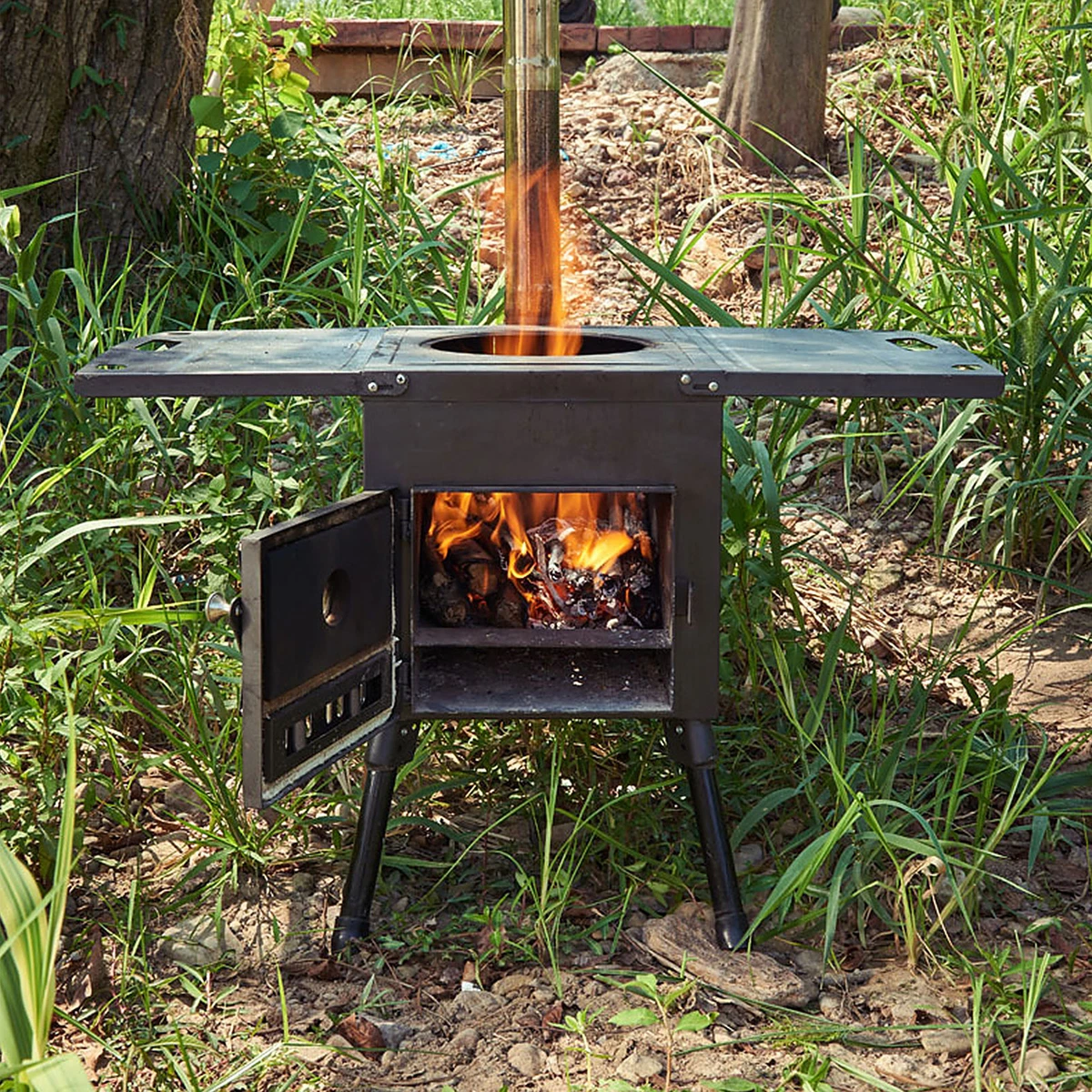 Portable Wood Burning Stove Outdoor BBQ Camping Stove with Chimney Pipe a  B2K6 | eBay