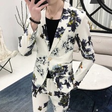  Jackets Pants Men's Printed Business Blazers Slim Fit Casual Suit Dress S-3XL