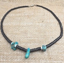 Turquoise Black Coconut Shell Heishi Bead Necklace 17"
