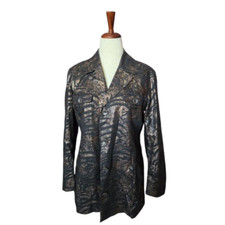 Chico's Linen Blend Copper Black Shiny Long Jacket Cardigan Blazer 2 medium