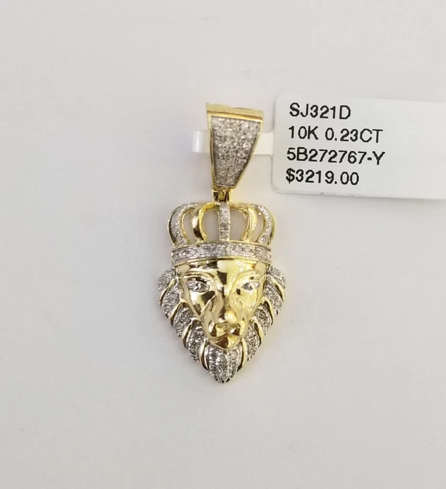 Colgante de diamantes reales cabeza de león rey hombre corona encanto oro amarillo 10k 1"  Foto 3 de 4