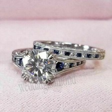 2.70CT Round Cut Moissanite  Sapphire Engagement Bridal Ring Set 14K White Gold