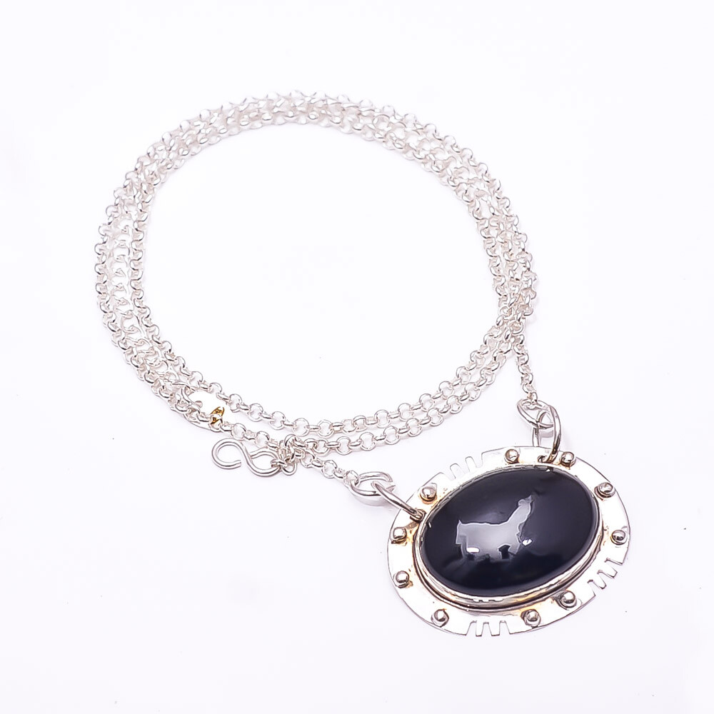 Black Onyx Sterling Silver Handmade Chain Pendant 19-23 Inches CP47