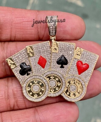 Real Iced D/VVS Moissanite Men's Flush Poker Card Charm Enamel Pendant 925Silver