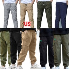 US Boys Cargo Jogger Pants Dance Trousers Elastic Waist Casual Sports Sweatpants