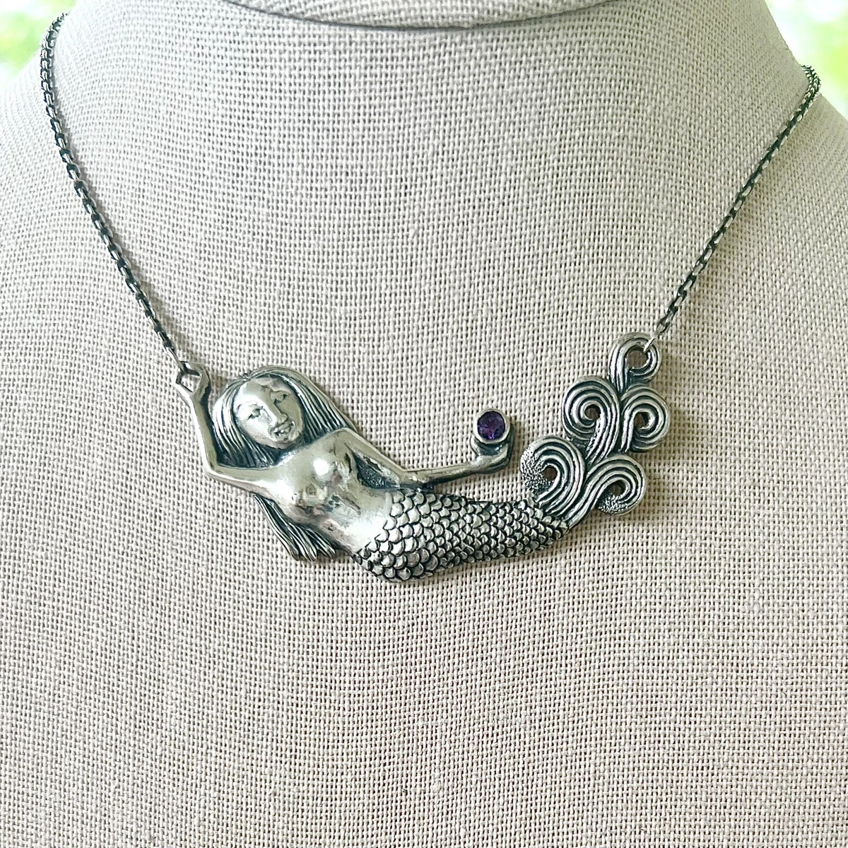 Large Mermaid Amethyst Pendant Necklace Novica Sterling Silver Purple Chain