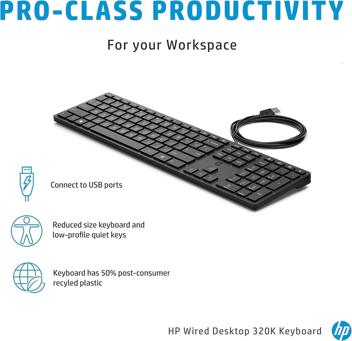 HP Smart 320K Slim Wired Keyboard Black 108 Keys USB-A HSA-C001K