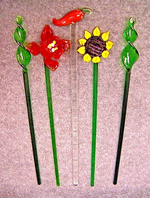 5 Vintage GLASS Chili Pepper Sunflower Swirl Flower SWIZZLE STICKS - FREE Shpg!