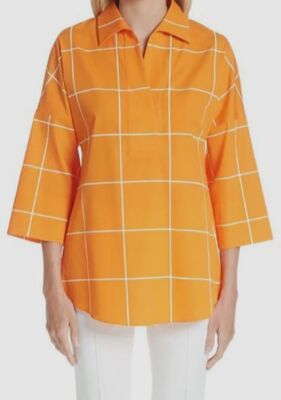 $395 Akris Punto Women's Orange Dropped Shoulder Split Neck Blouse Top Size US 2