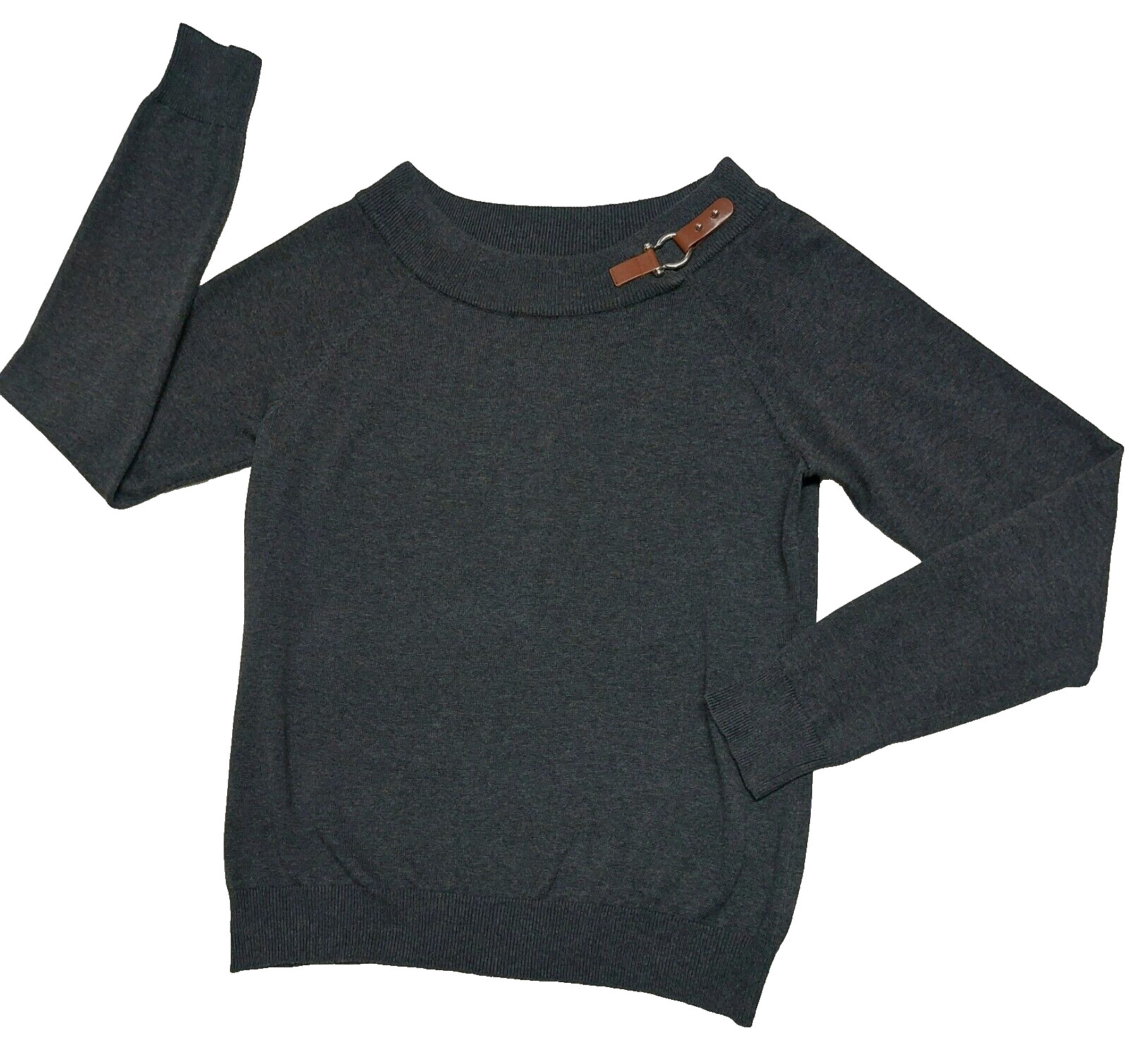 Lauren Ralph Lauren Gray Long Sleeve Sweater Faux Leather Buckle Women's XL