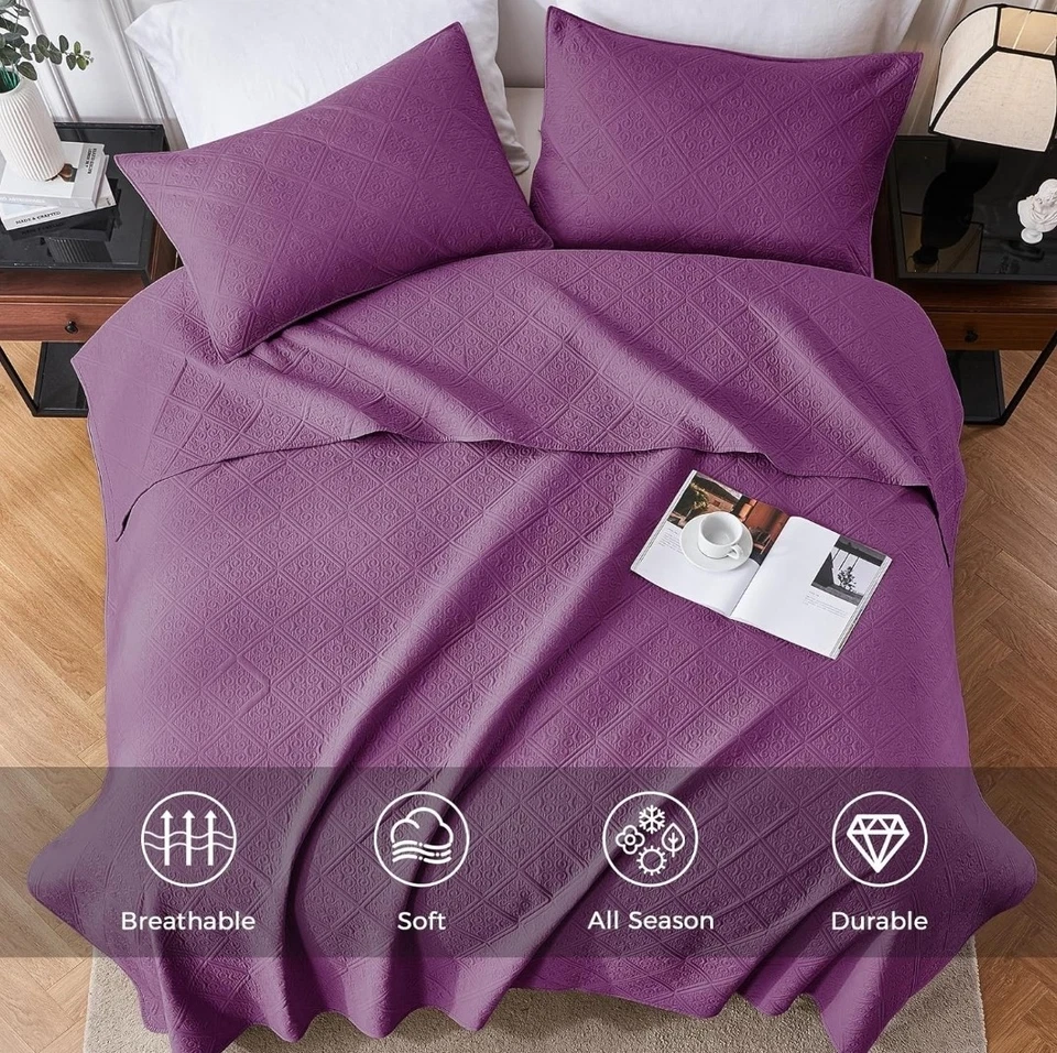 2 Piece Twin Size Bedspread Coverlet Quilt Set Pillow Sham Lightweight Purple - Image 4 of 4