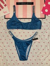 VICTORIA  S SECRET BIKINI SWIM SET TEAL BLUE SHINE STRAP BLING LOGO RARE NWT LG